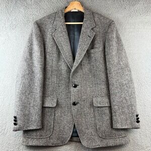 VTG Harris Tweed Saxony Hall Mens Herringbone Wool Sport Coat Blazer Grey 40